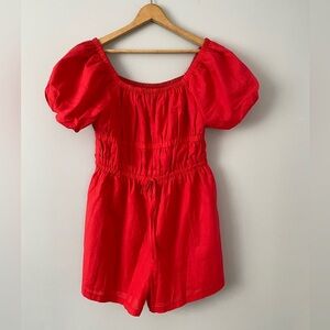 Moderato Red Cotton Romper Size Large Off the Shoulder Puff Sleeve Romper